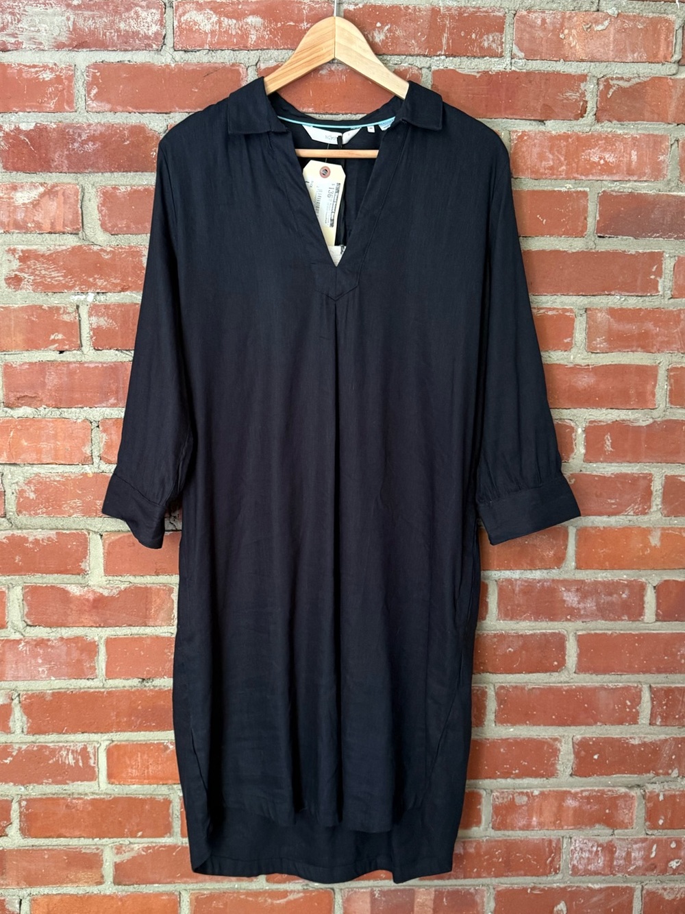 Linen Blend Dark Navy V-Neck Dress